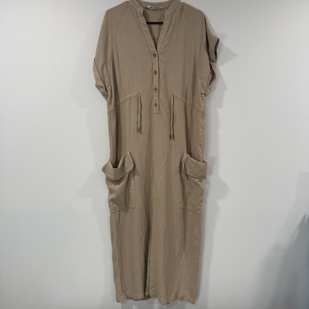 Zara Tan Button-Front Midi Dress Size Medium EUC